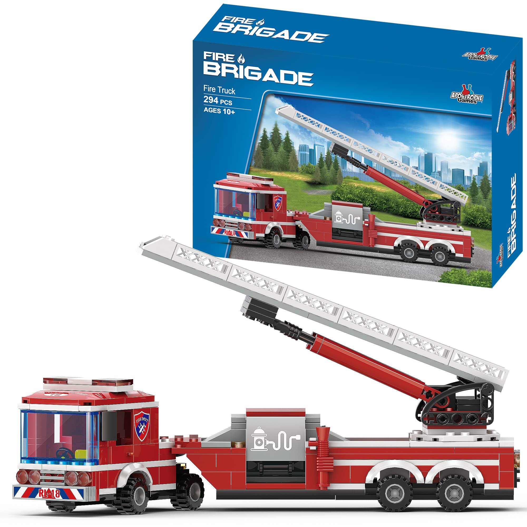APOSTROPHE Games Fire Truck Building Block Set, Fire Fighter Building Blocks (Extended Ladder Firetruck), 294 Pieces