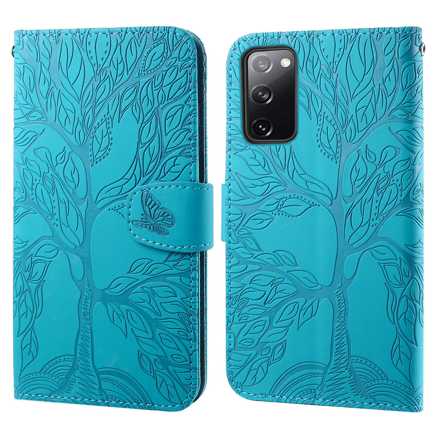Aisenth for Samsung Galaxy S20 FE 5G Flip Case, The Tree of Life Embossed PU Leather Wallet Phone Folio Case Magnetic Protective Cover with Kickstand, Card Slots with Wrist Strap (Blue Green)
