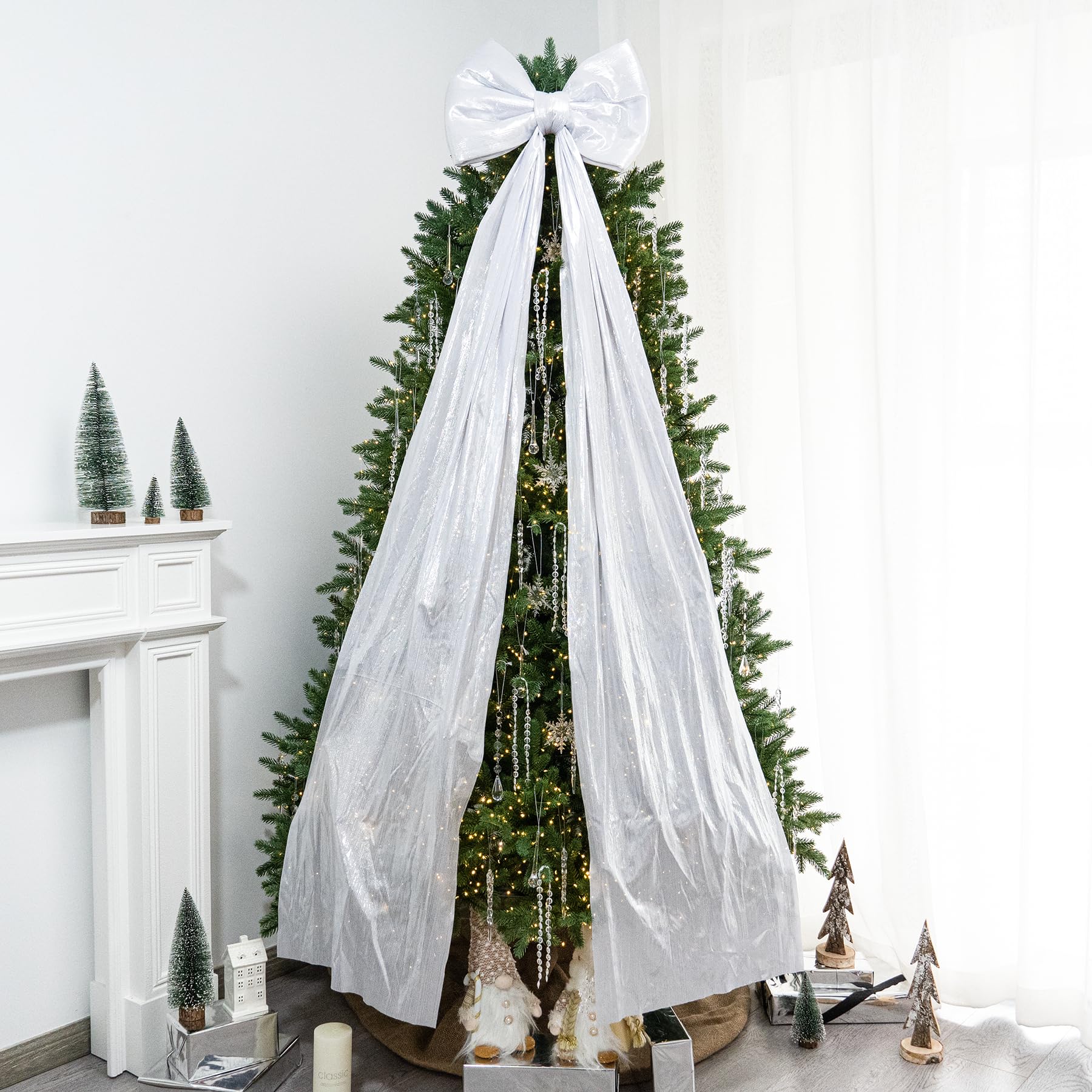 Photo 1 of Hismir Christmas Tree Topper Bow?67x16 Inch Extra Large Room Decor Ribbon Bow for Wedding Engagement Birthday Party?Giant Xmas Bow Decorations for Home Wreath Door Wall(White Silver)