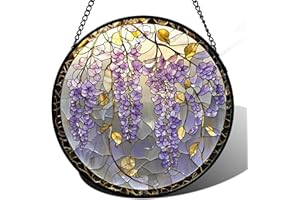 AMDERVEN Stained Glass Window Hanging - Wisteria Flower Golden Leaves Sun Catcher for Door Home Decor Plant Suncatcher Christmas Mother's Day Birthday Gifts for Women Men Lovers Mom Nana 7.8 in