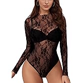 Buauty Mesh Bodysuit for Women Lace Body Suits Women Long Sleeve Sheer Mesh Top See Through Mock Neck Sexy Clothes