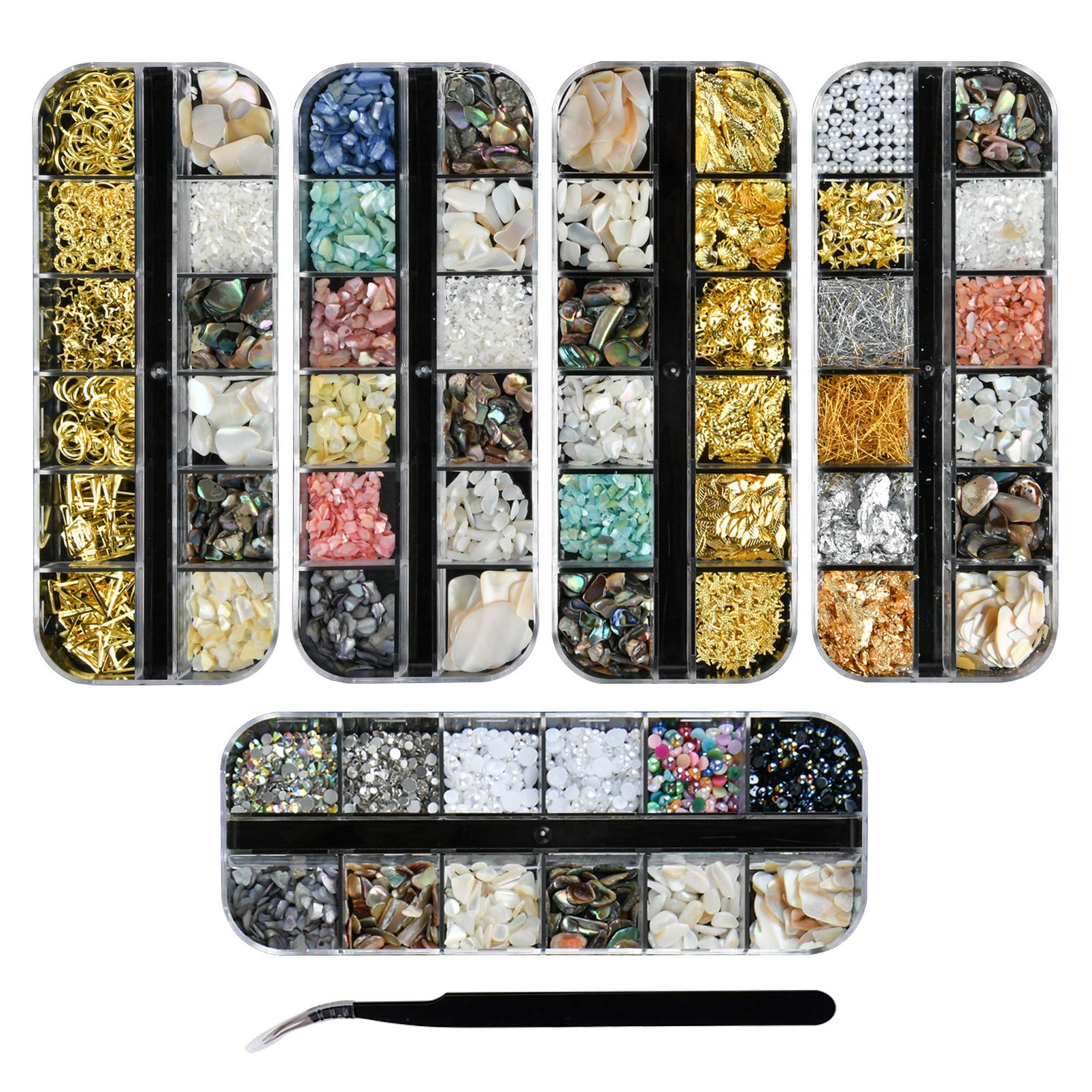 Ranvi 3000 Nail Sequins Shell Rivet Rhinestone Set Nail Polish, Multi-Color Nail Sequins Rhinestones, for Nail Decoration (5 Boxes, 1 Tweezers) Style 4