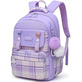 Alrisg Girls Plaid Backpack School Bookbag for Kids Elementary Middle School Cute Backpack for Girls Purple
