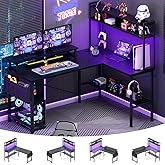 Aheaplus L Shaped Gaming Desk with Power Outlets & LED Lights, Small L- Shaped Desk Computer Corner Desk with Monitor Stand & Storage Shelf, Home Office Desk Writing Desk with Storage Bag, Black