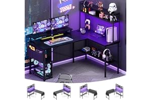 Aheaplus L Shaped Gaming Desk with Power Outlets & LED Lights, Small L- Shaped Desk Computer Corner Desk with Monitor Stand & Storage Shelf, Home Office Desk Writing Desk with Storage Bag, Black