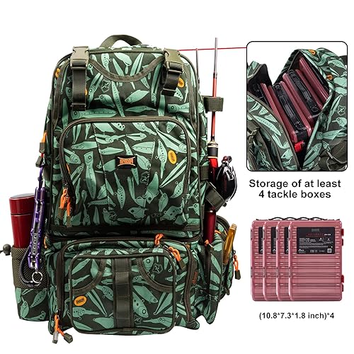 Kingdom Fishing Tackle Backpack with Fishing Rod Holders, Large