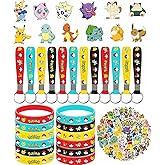 cerfioo 86PCS For Cute P.o.kemon Birthday Party decorations Set Included 12 Bracelets, 12 Acrylic Pins, 12 Keychains, 50 Stickers, for Boys and Girls Cartoon Theme Party