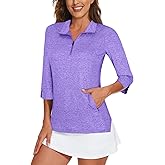Viracy Women's Golf Shirts 3/4 Sleeve Sun Protection Quarter Zip with Zipper Pockets Athletic Polo Workout Tops S-2XL