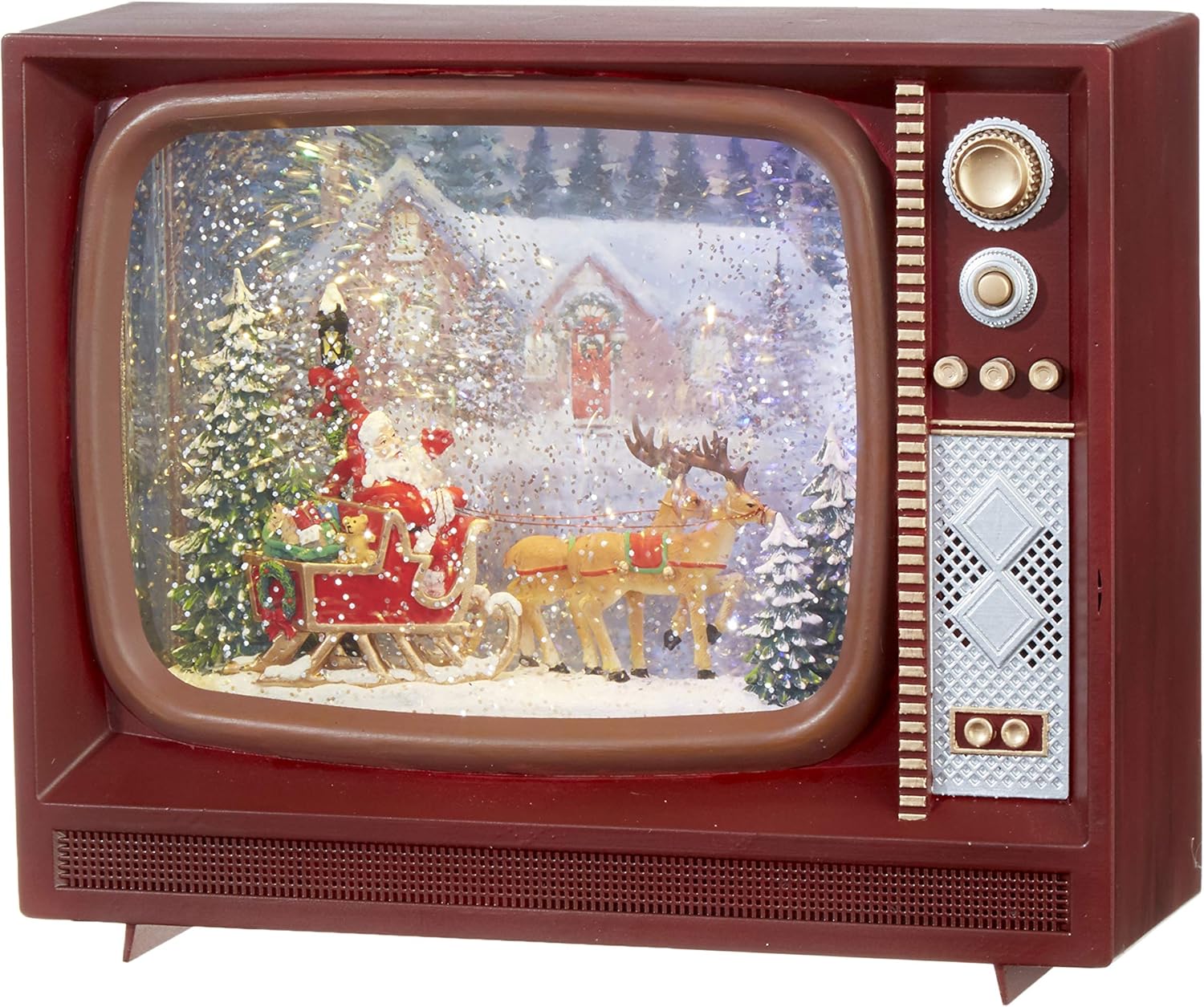 Snow Globes - RAZ Imports Santa and Reindeer Lighted Water TV Lantern Musical Snow Globe 9.75 Inch with Swirling Glitter Battery Operated and USB Powered