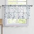 Fragrantex Blue and Grey Floral Small Window Curtains for Bathroom Kitchen Curtains 24 inch Length Print Flower Sheer Cafe Curtain Window Treatment Set for Bathroom,28" W x 24" L 2 Panels Rod Pocket