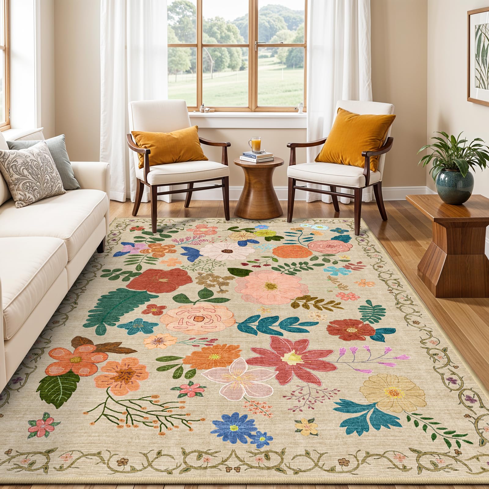 YOUFORTONG Washable Rug 9x12 Area Rugs: Soft Ultra Thin Low Pile Mat Machine Washable Indoor Doormat Lightweight Entry Rug Anti Slip Backing Rugs for Living Room Bedroom Kitchen 9'x12' Beige Floral Image