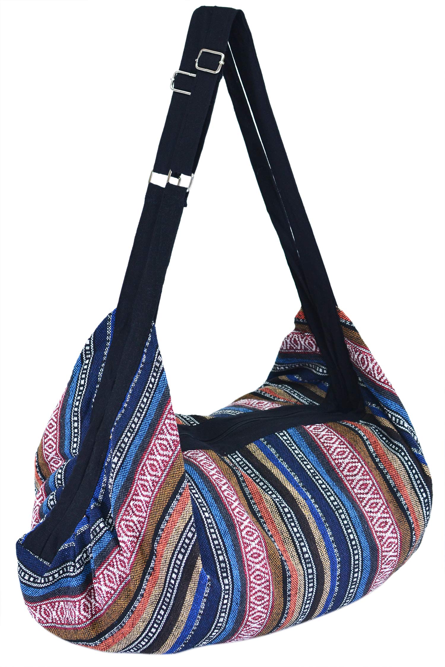 Large Cotton Hobo Bag for Women – Hippie Boho Travel Shoulder Bag with Zipper | Handmade Oversized Backpack Purse (Pink-Blue)