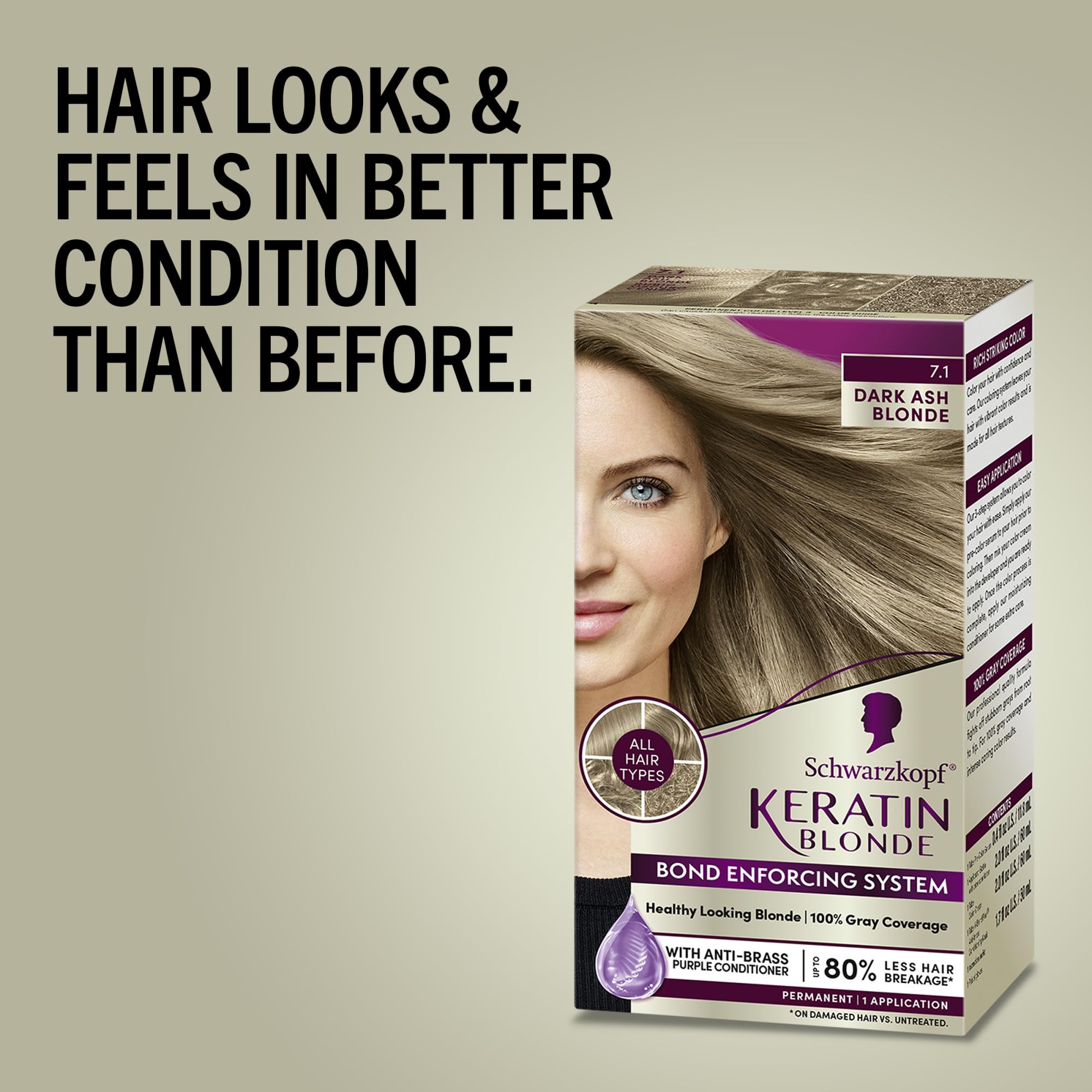Schwarzkopf Keratin Color Permanent Hair Color, 7.1 Dark Ash Blonde, 1 Application - Professionally Inspired Permanent Hair Dye, for up to 80% Less Breakage vs Untreated Hair and up to 100% Gray Coverage