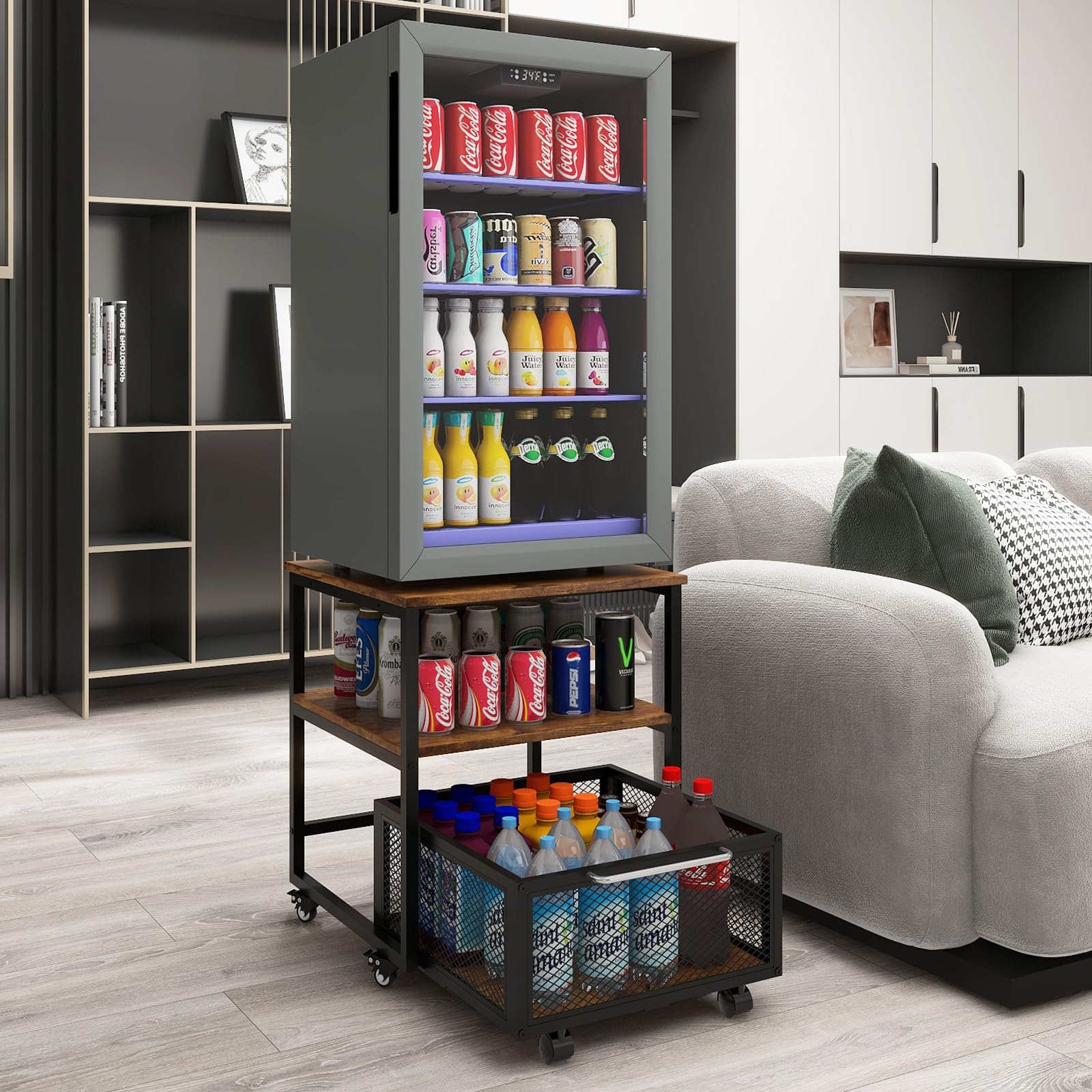 PUNCIA 19.7x19.7in Mini Fridge Stand with Storage and Wheels Heavy Duty Mini Fridge with Adjustable Shelf Table Beverage Refrigerator Stand for Coffee Bar Fridge Cart for Office Home Dorm Apartment