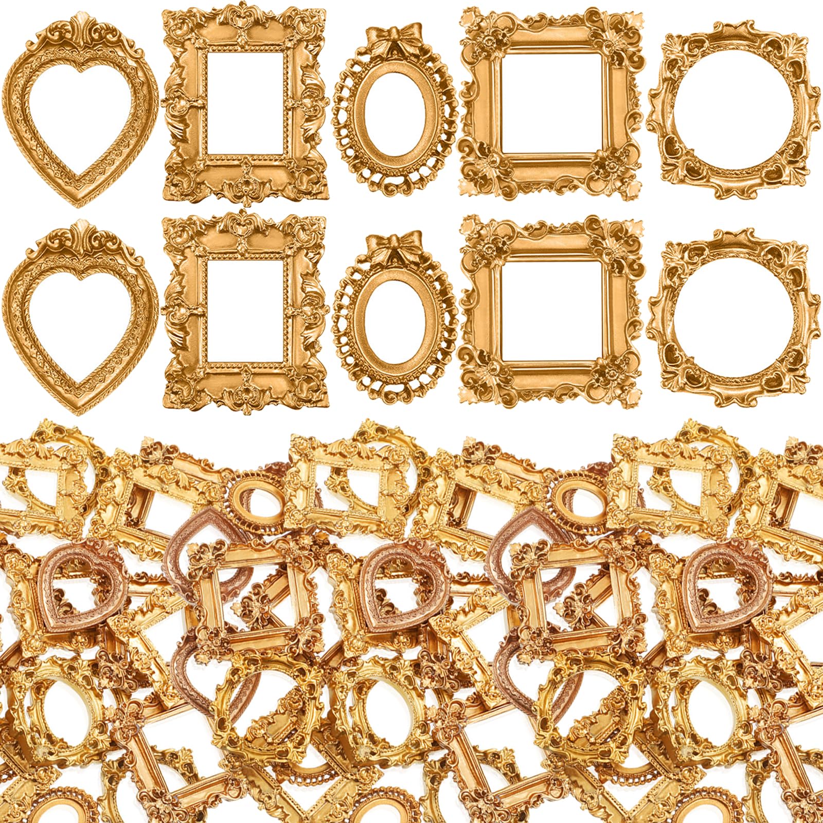 Photo 1 of Vicenpal 200 Pcs Vintage Mini Picture Frames Baroque Antique Small Resin Jewelry Display Table Frame for Christmas DIY Photo Holiday Party Decoration (Gold)