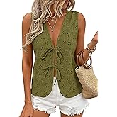 PRETTYGARDEN Women 2026 Summer Tie Front Eyelet Tank Tops Trendy Floral Vest Sleeveless V Neck Dressy Blouse Vacation Outfits