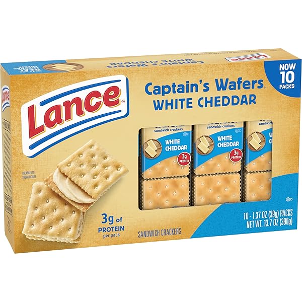 LANCE SANDWICH CRACKERS, CAPTAIN’S WAFERS WHITE CHEDDAR, 10 INDIVIDUAL PACKS, 6 SANDWICHES EACH