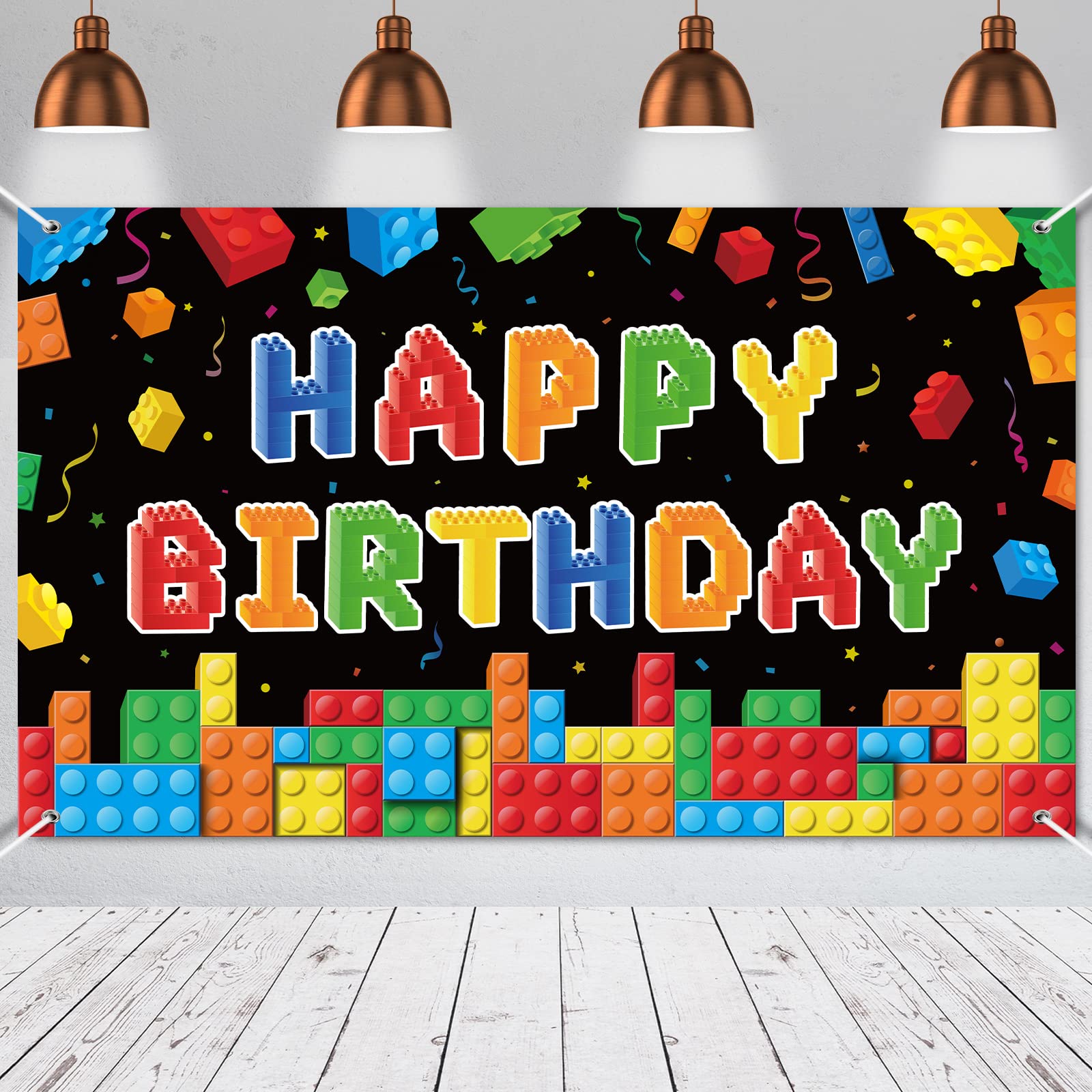 Photo 1 of Panelee Building Block Birthday Banner Building Blocks Party Backdrop Decoration Happy Birthday Banner Photography Background for Party, 72.8 x 43.3 Inch(Black)