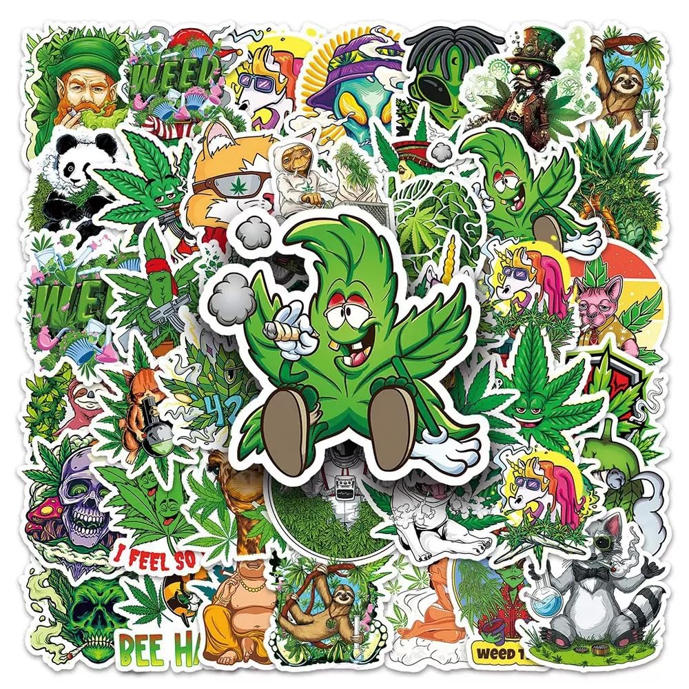 100Pcs Funny Weed Stickers Water Bottles Laptop Car Hydroflasks Phone Guitar Skateboard Computer Mixed Leaves Stickers Green Weed Vinyl Sticker Waterproof Aesthetic Trendy Decals for Teens Kids Adults