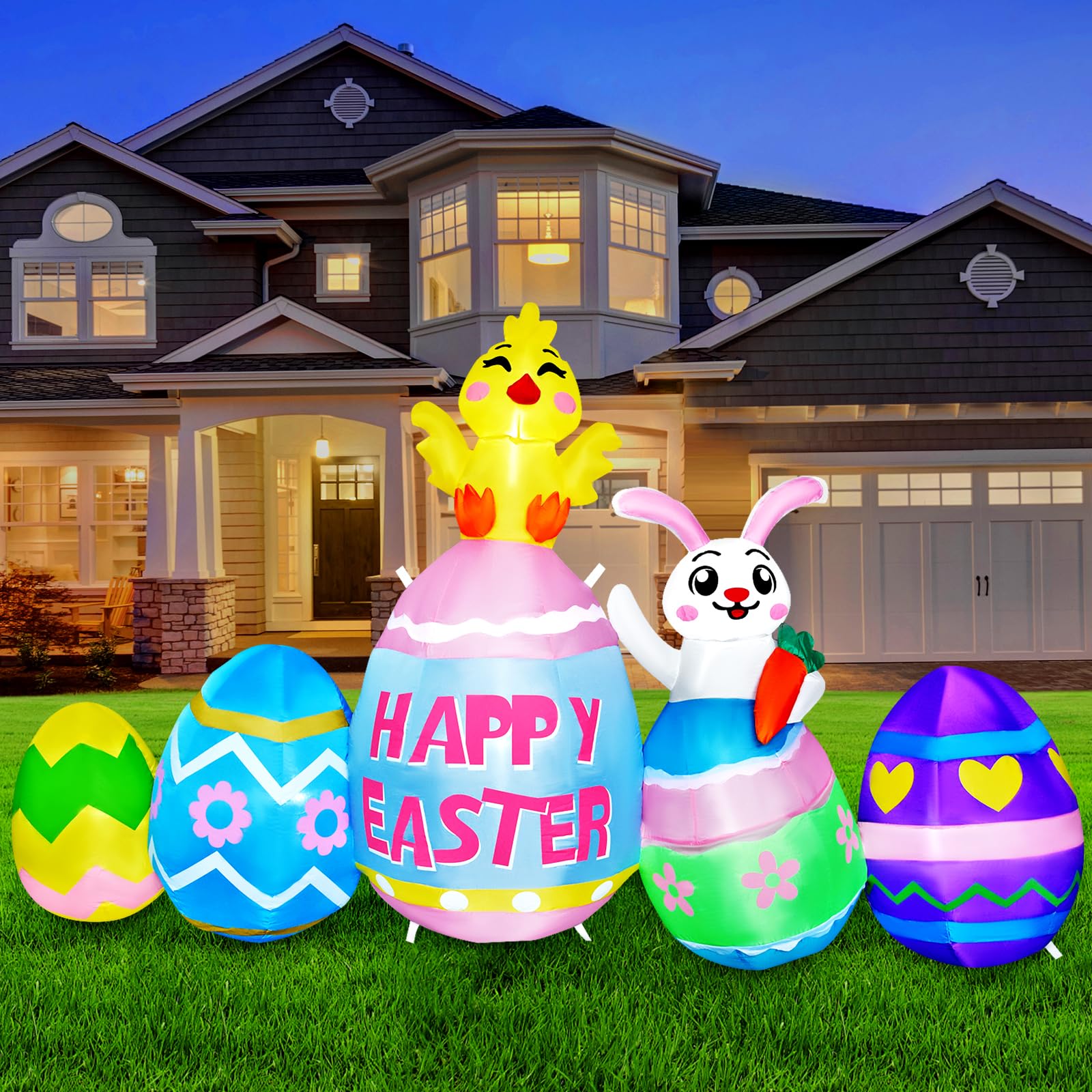 Photo 1 of Raymall 7FT Easter Inflatables Eggs with Bunny and Chick with LEDs, Happy Easter Eggs Inflatable Blow Up Yard Decorations Blow Up Bunny Outdoor Decorations
