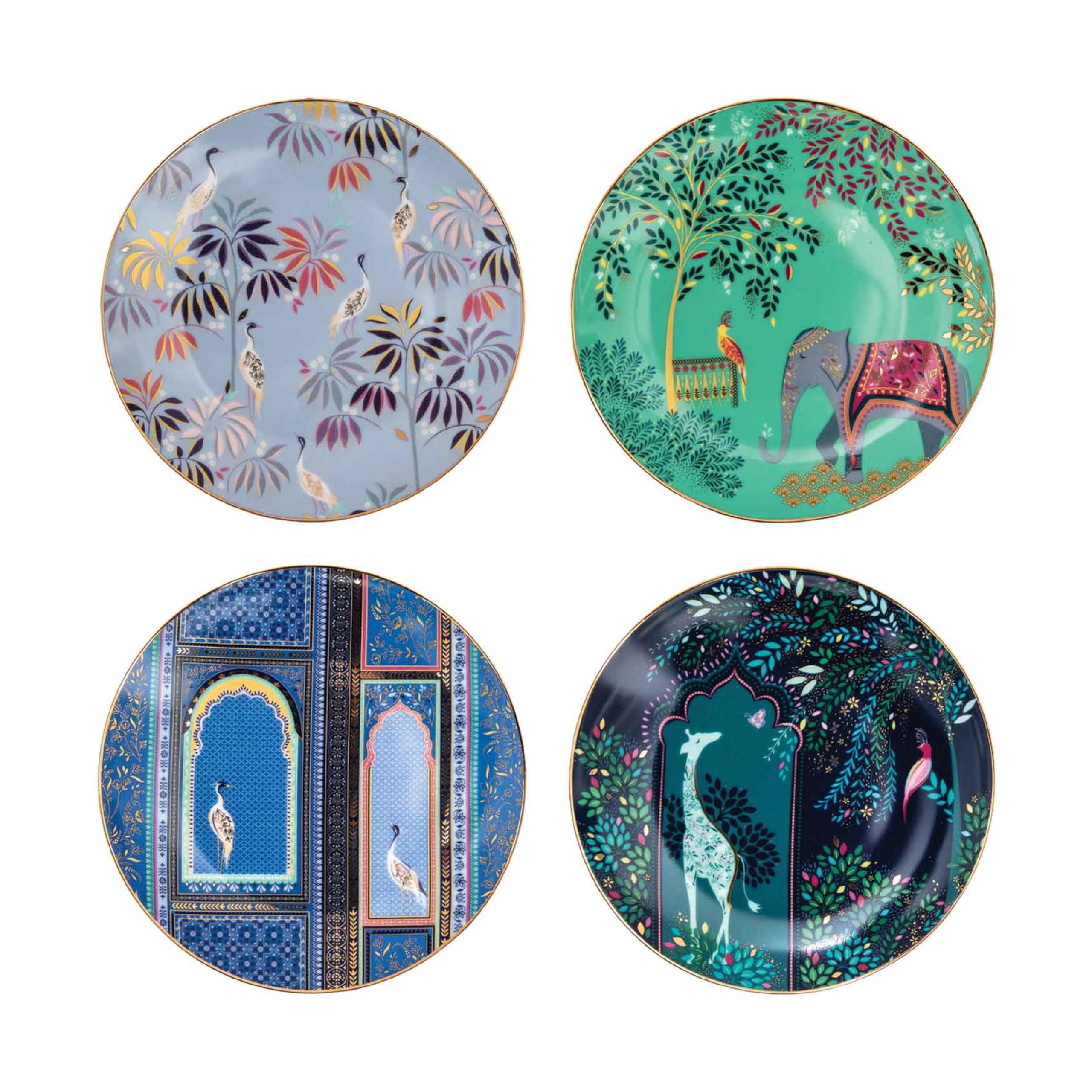 Portmeirion x Sara Miller London India Set of 4 Cake Plates - Fine China with 22ct Gold Detailing, Ceramic Dessert Plates, Suitable for Dining, Serving, Display and Special Occasions