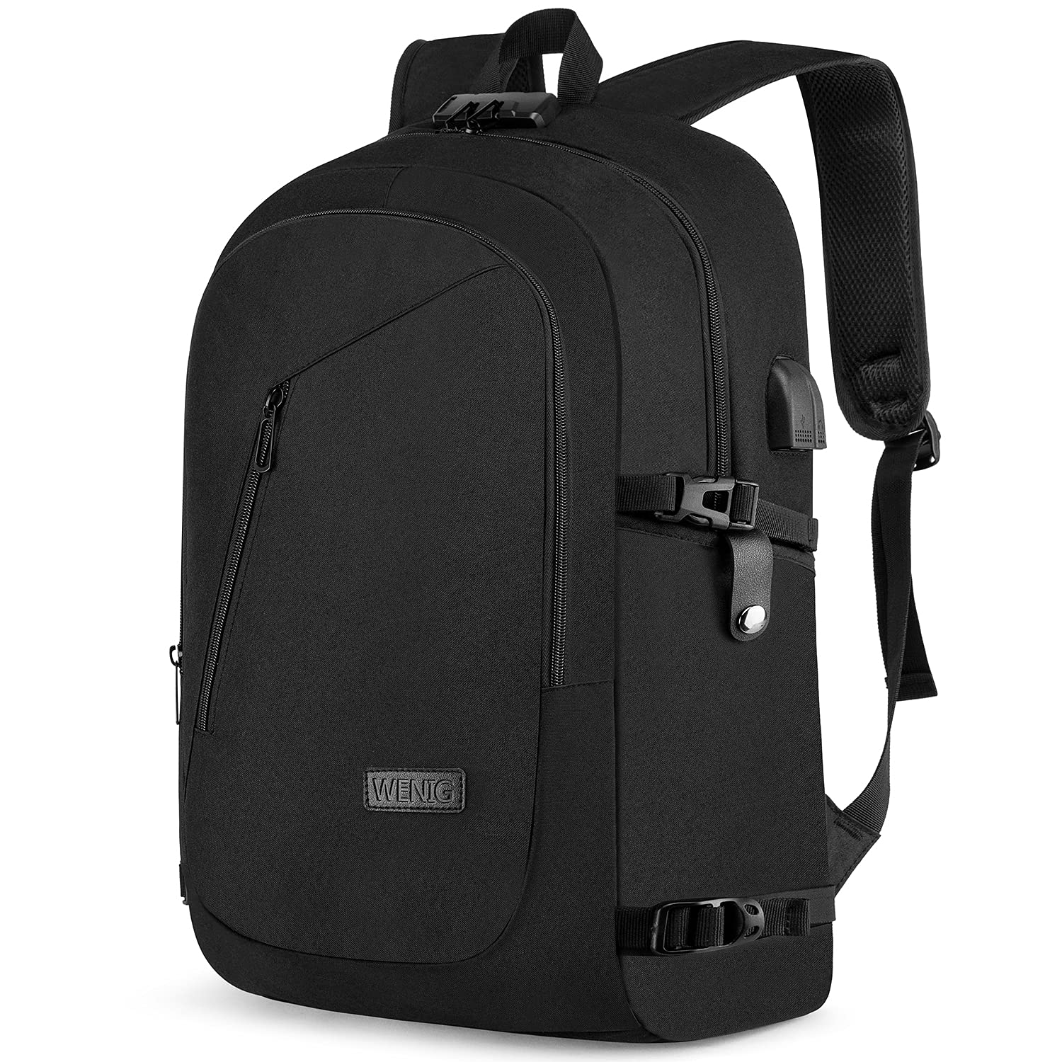 WENIG Large 17.3 Inch Travel Laptop Backpack Water Resistant Anti-Theft Computer Work Bag with USB Charging Port Lock Big Business School Rucksack for Men and Women - Black