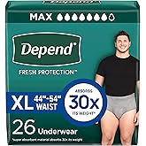 Depend Fresh Protection Adult Diapers, Incontinence Underwear for Men, Disposable, Maximum, Extra-Large, Grey, 26 Count, Packaging May Vary