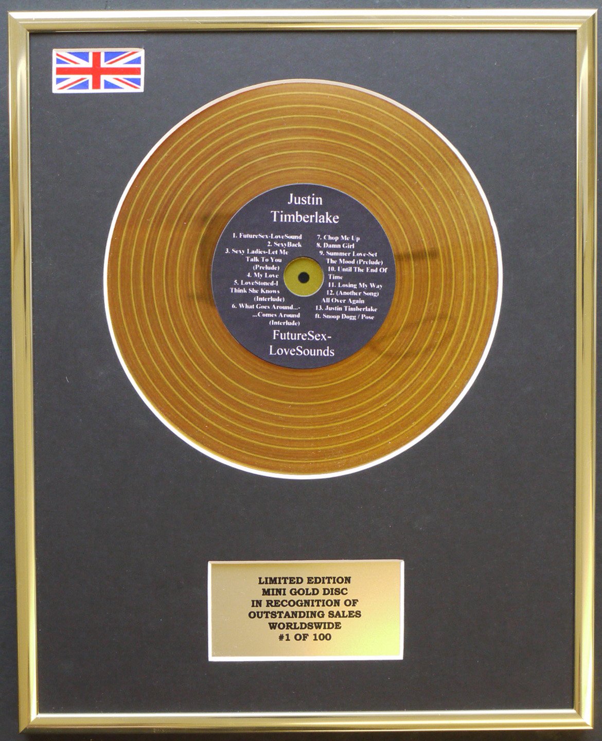 Limited Edition mini gold disc Display JUSTIN TIMBERLAKE/MINI GOLD DISC DISPLAY/LIMITED EDITION/COA/FUTURESEX/LOVESOUNDS