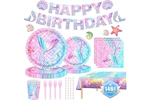 MIAOSHOUTAO 146Pcs Mermaid Plates and Napkins mermaid Party Supplies Includes Plates, Napkin, Fork, Cup, Straw, Tablecloth, Banner for Baby Shower Ocean Birthday Party Decorations, Serves 24 (Mermaid)