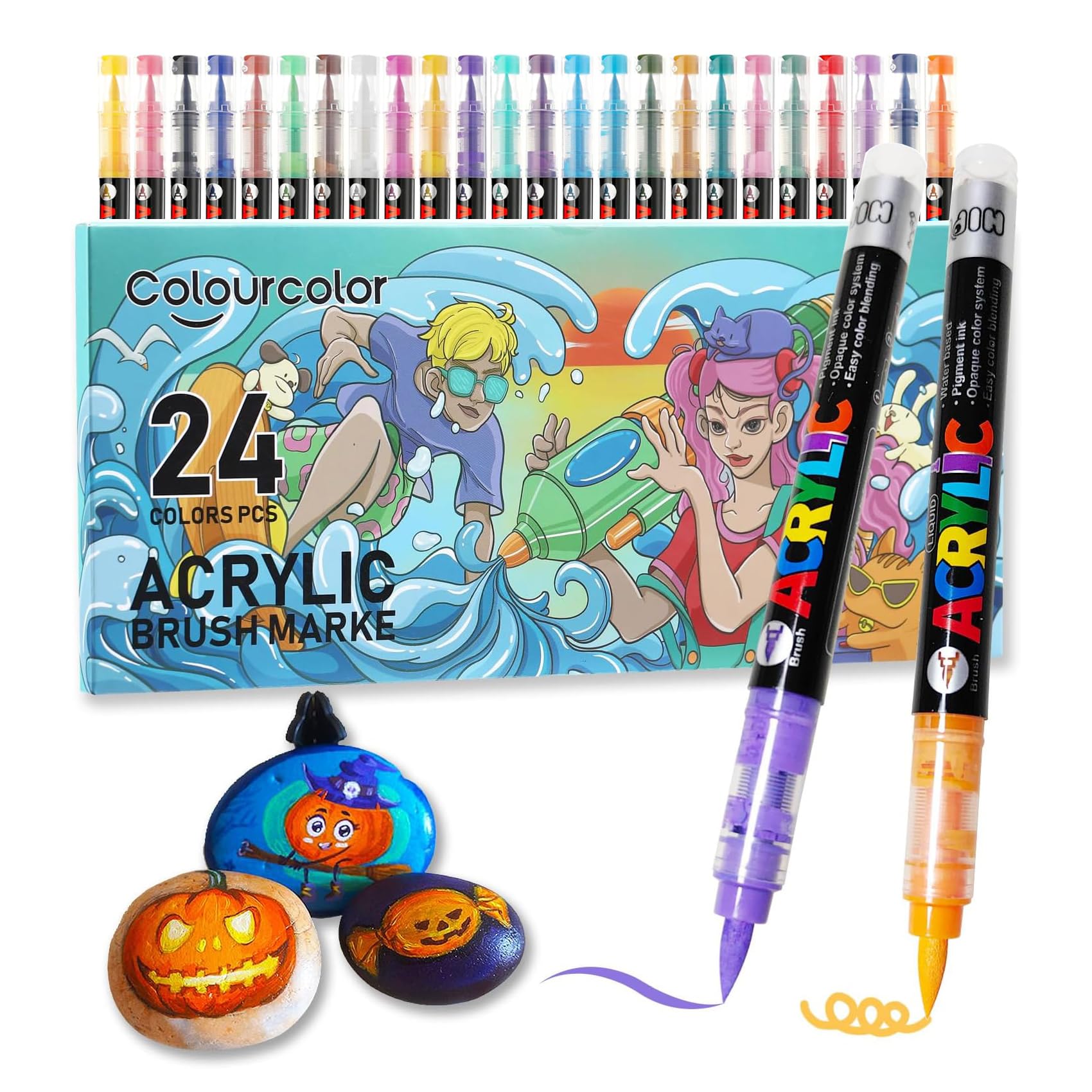 Photo 1 of 24 Colors Acrylic Paint Pens, Non-Bleeding Brush Tip Markers Pens for Glass, Canvas, Stone, Rock Painting, Wood, Ceramic Surfaces, DIY Crafts Making Art Supplies