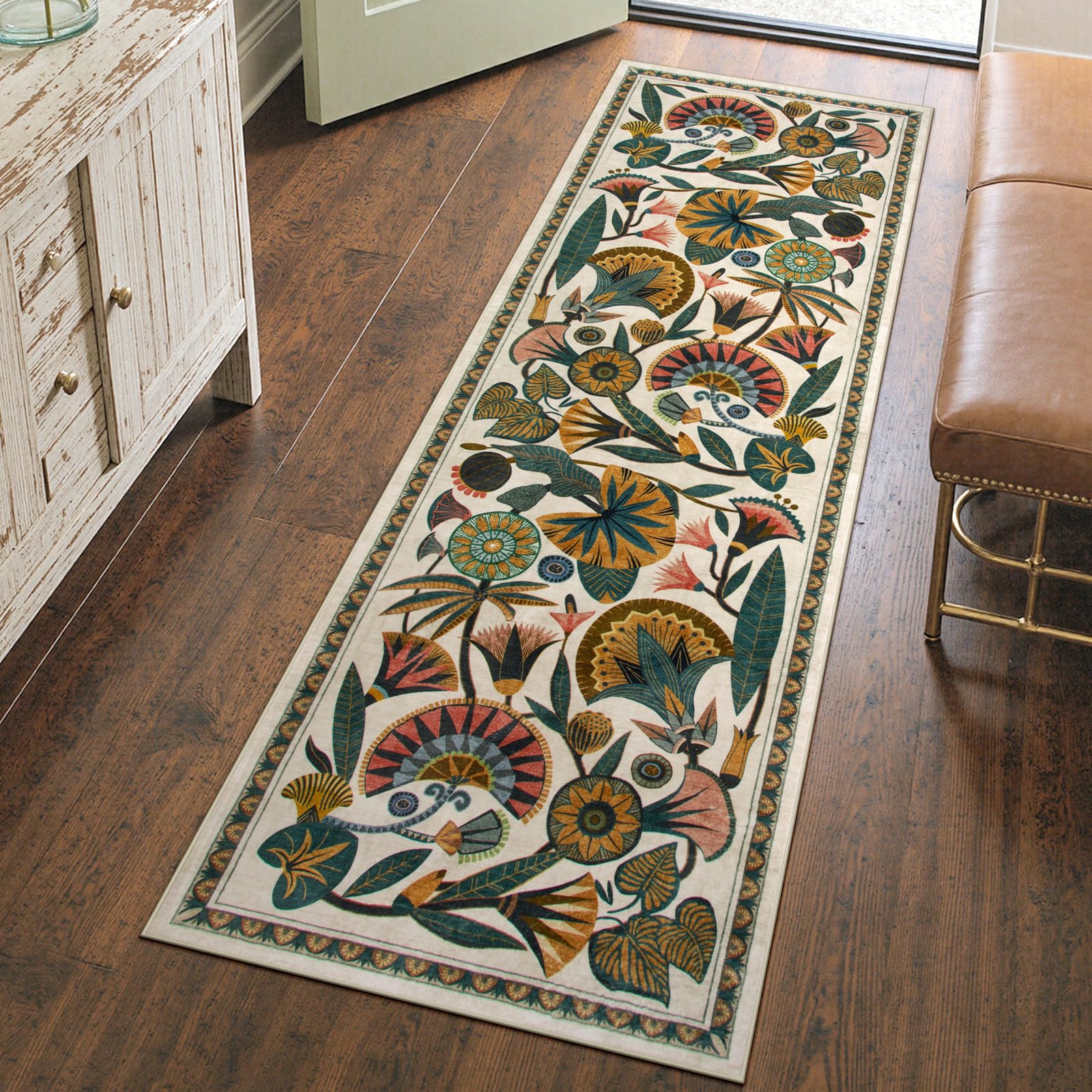 Photo 1 of Zealude Washable Kitchen Runner Rug, Floral 2x6 Rug Runners for Hallways, Washbale Non Slip Beige Rugs, Soft Low Pile Carpet for Bedroom Entryway Laundry Room