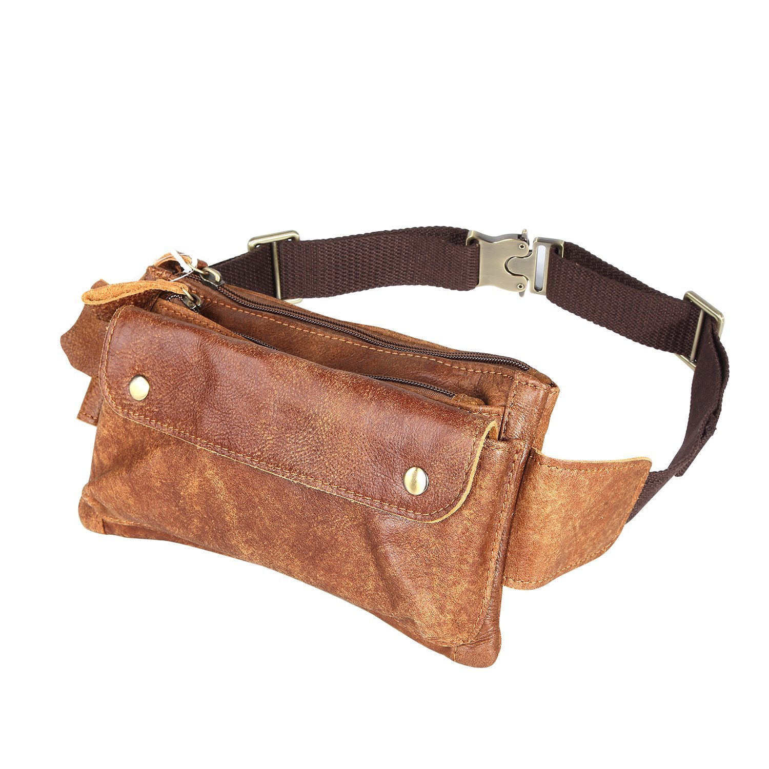 Loyofun Unisex Brown Genuine Leather Waist Bag Messenger Fanny Pack Bum Bag Waistpack