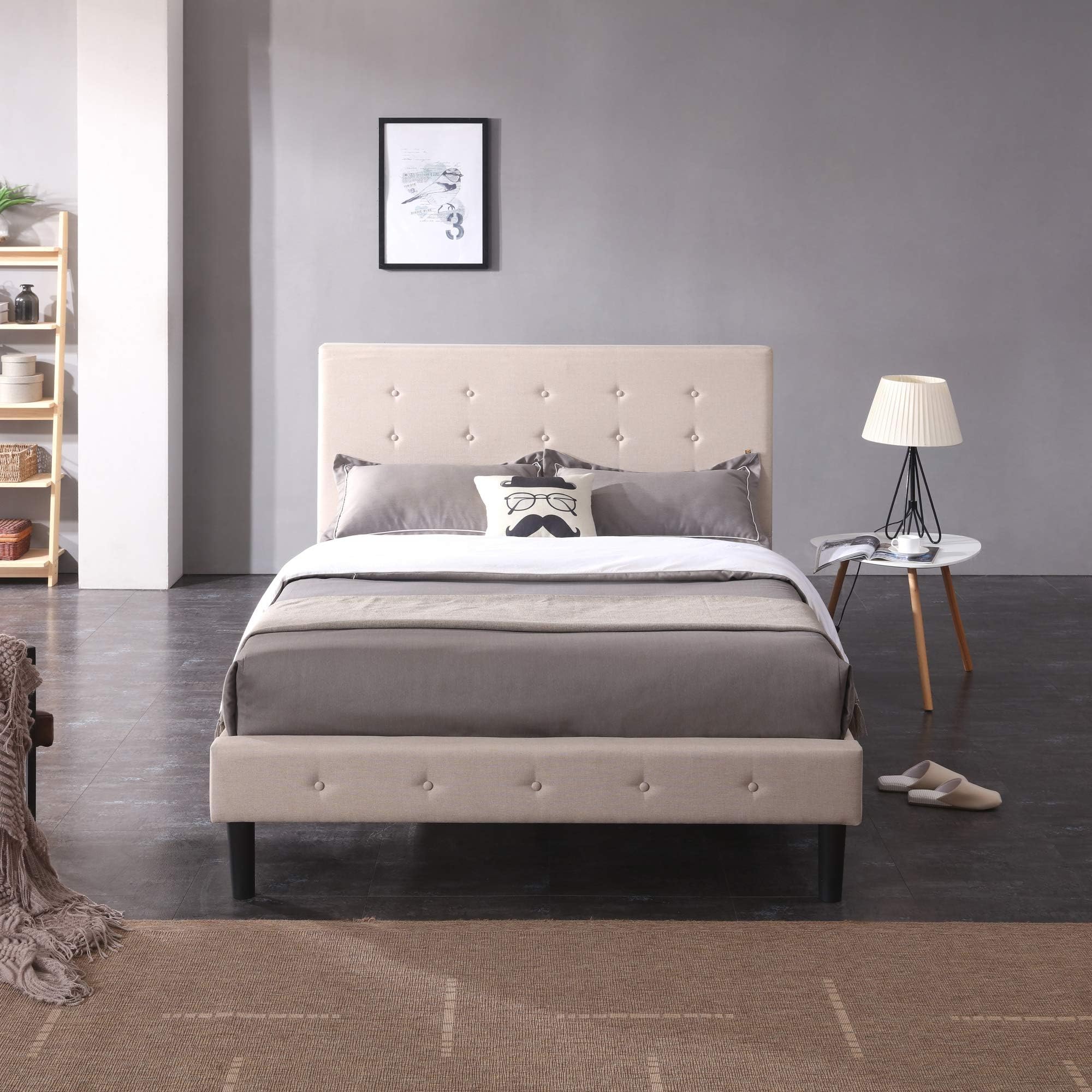 Decoro Cambridge Upholstered Wooden Platform Bed Frame with Headboard, Queen, Linen