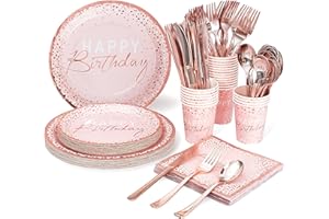 TYZARGLEF 175PCS Happy Birthday Plates and Napkins Party Supplies, Paper Pink and Rose Gold Plastic Forks Knives Spoons Serve 25 Guests for Girl Women