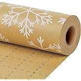 LaRibbons Kraft Vintage Christmas Wrapping Paper, Classic White Snowflake Design, Rustic Gift Wrap Paper with Gridline for Christmas, Holiday, 17 Inch X 33 Feet