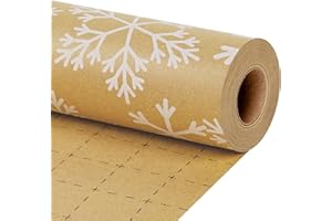 LaRibbons Kraft Vintage Christmas Wrapping Paper, Classic White Snowflake Design, Rustic Gift Wrap Paper with Gridline for Christmas, Holiday, 17 Inch X 33 Feet