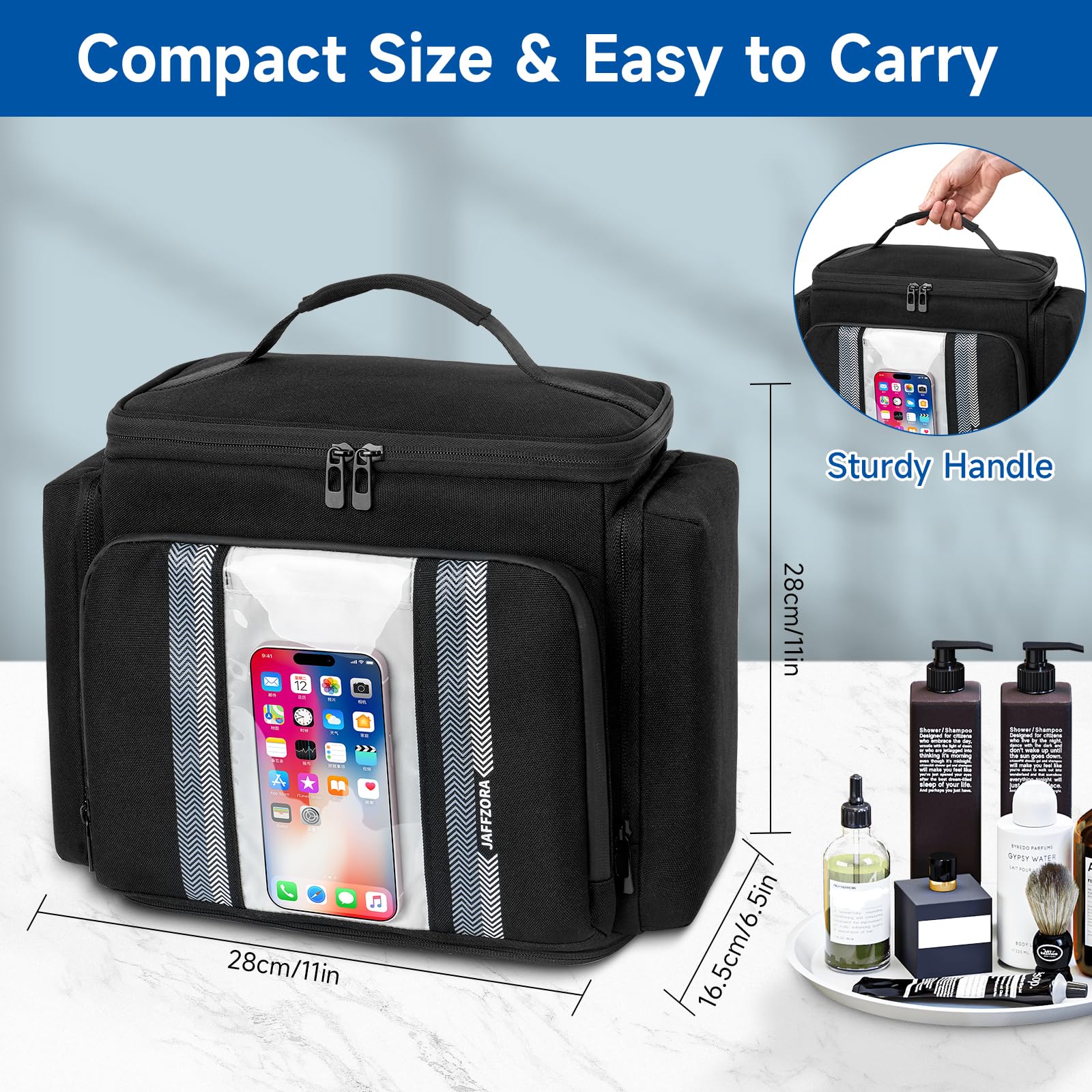 Portable Shower Caddy (Full Size Bottle Compatible),Travel Shower Tote Bag with Quick Dry Mesh Base,Hanging Toiletry Cosmetic Bag for Gym,College,Camping & Dorm, Black