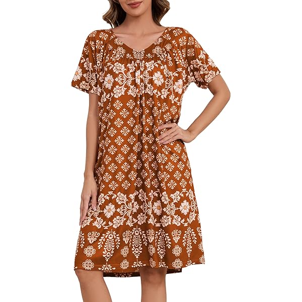Tugege House Dress for Women Short Sleeve Moo Moos Nightgown Floral Print Mumu  Dresses with Pockets Dark Red at Amazon Women's Clothing store