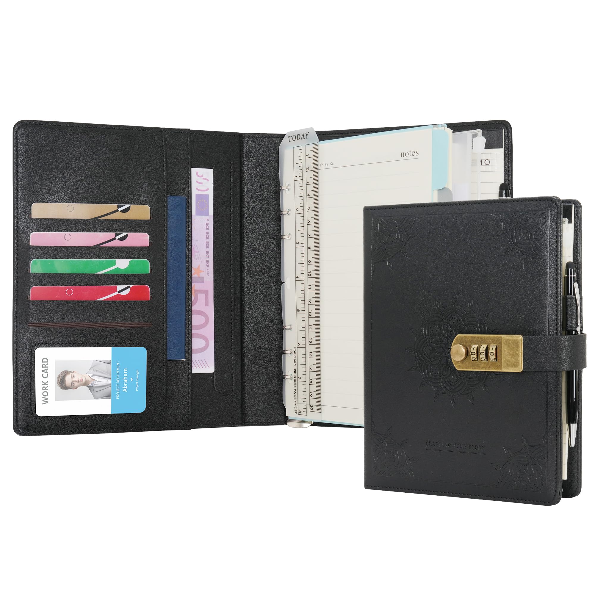 WASON Diary with Lock A5 Binder Ruled Spiral Notebook Journal Planner Portfolio and Refillable Writing Lined Paper Notepad, Pen, Clipboard Organizer For Ideal Business, School & Travel (Black)