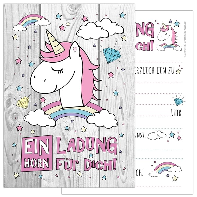 12-er Kartenset UNICORN mit einem niedlichen, süßen Einhorn, Regenbogen und Wolken - Kindergeburtstag-Einladungskarten für di
