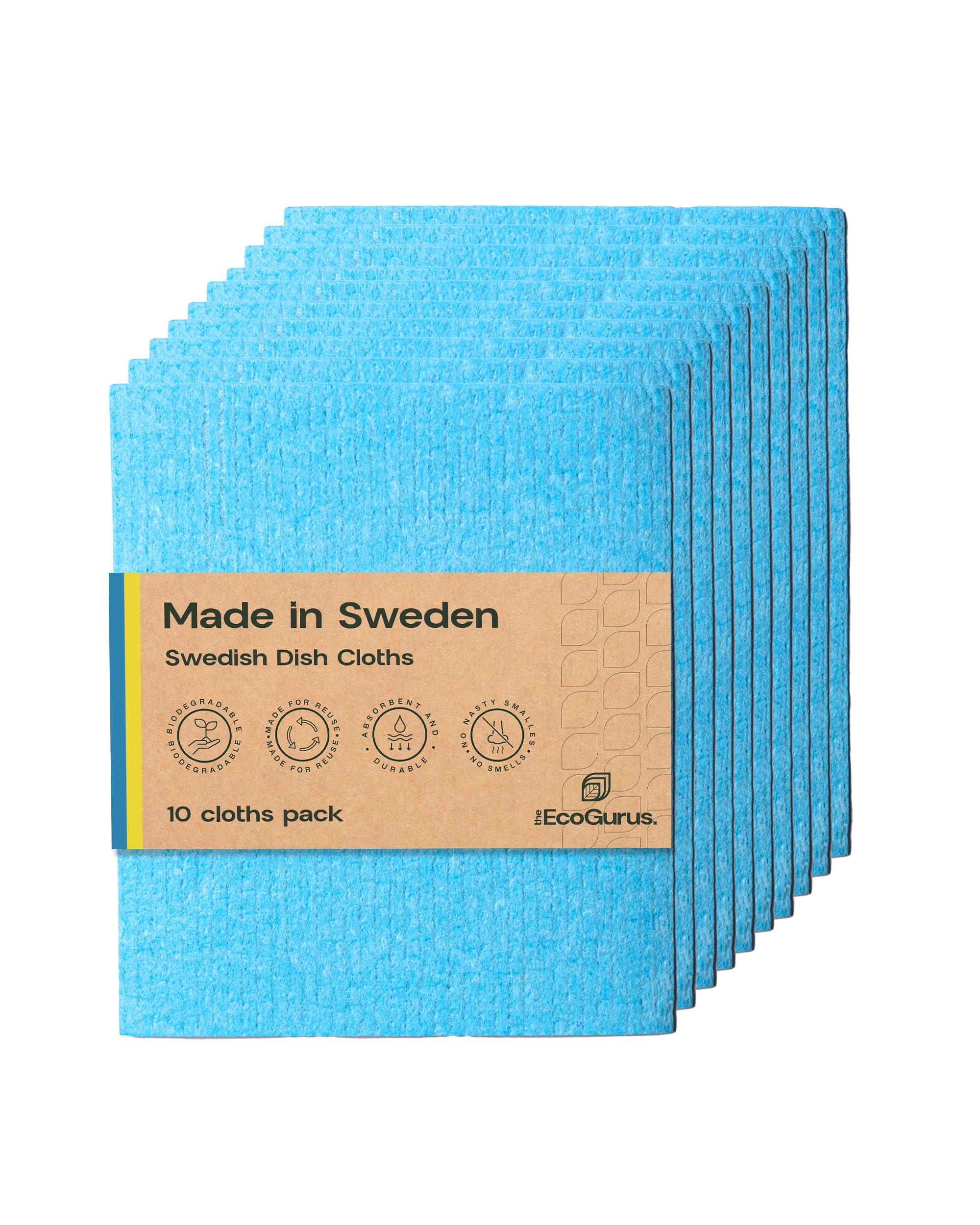 The EcoGurus 10 Pack Odour-Resistant Reusable Cleaning Cloths | Original Swedish Dishcloth | Made in Sweden | Suitable for All Surfaces | Biodegradable Cellulose Sponge | Kitchen & Bathroom | Blue