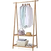 Finnhomy Bamboo Clothes Rack Portable Extra Large Garment Rack 2-Tire Storage Box Shelves For Entryway and Bed Room Patented Design
