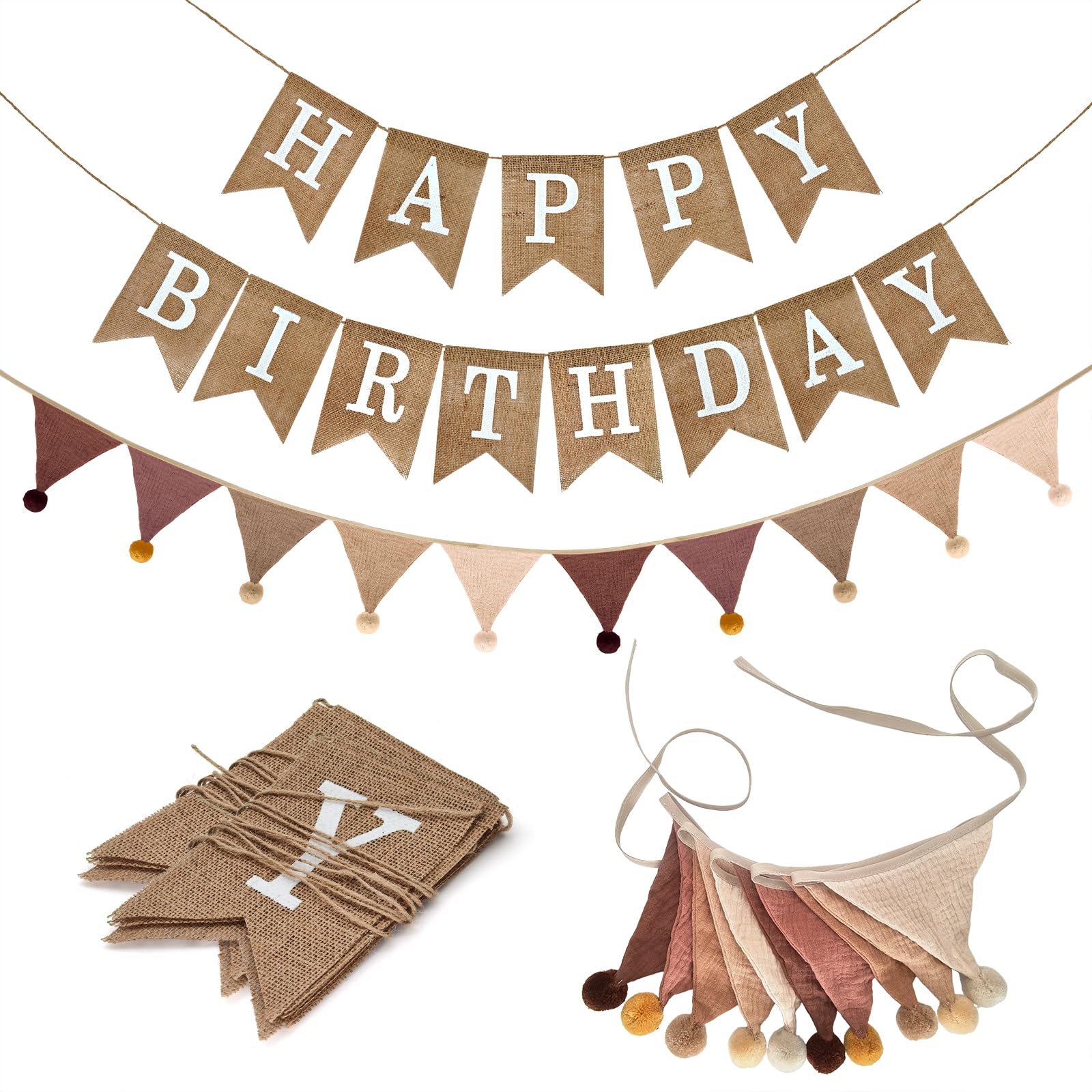Photo 1 of owandan Burlap Happy Birthday Banner with Pennant Banner Flags for Birthdays Decorations, Brown Burlap Happy Birthday Signs Bunting for Men Women Boys Girls kids Neutral Celebration Party Backdrops