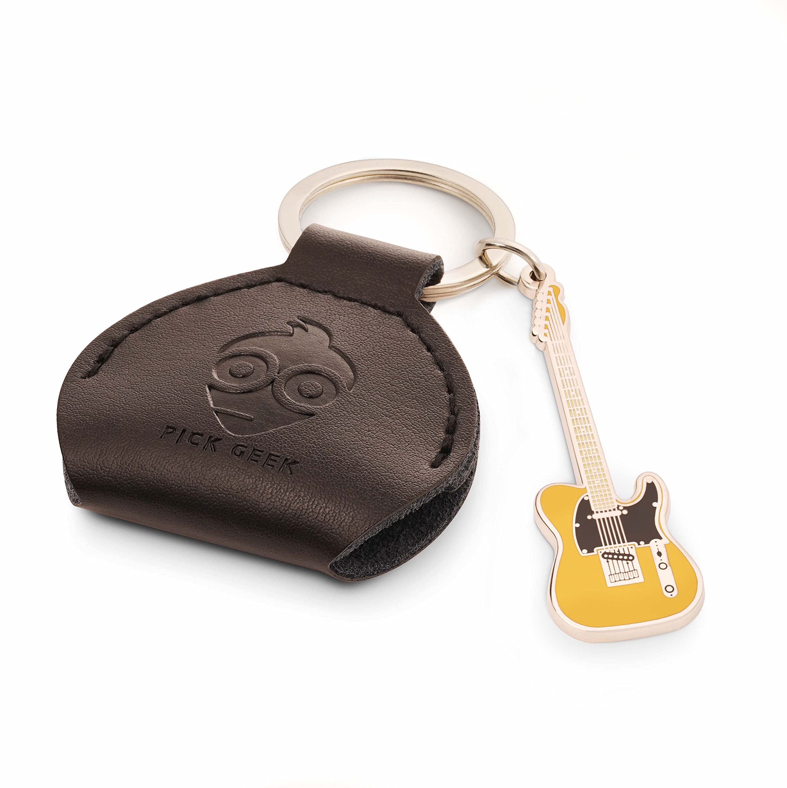 Pick Geek Black Leather Pick Holder with Miniature Telecaster Keyring | 100% Handmade Real Leather | Includes 3 FREE Guitar picks | Made with Jewellers Metal