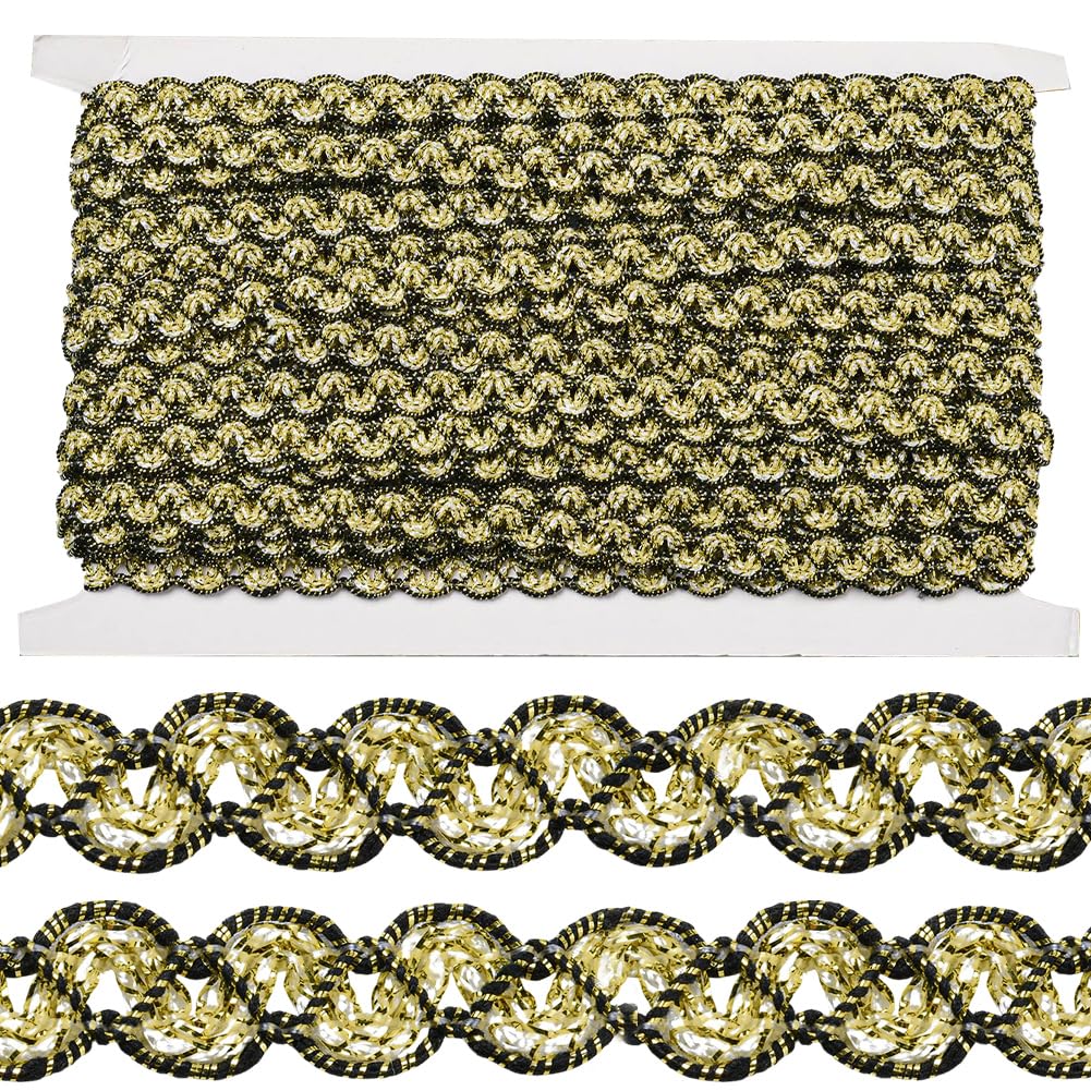 Photo 1 of CABODYALS 20M 1/2 Inch Black Gold Braided Ribbon Metallic Woven Braid Lace Trim Polyester Decorative Gimp Fabric Upholstery Trimming for Jewelry Making Sewing Crafts Clothes Hat Curtain Costume Supply