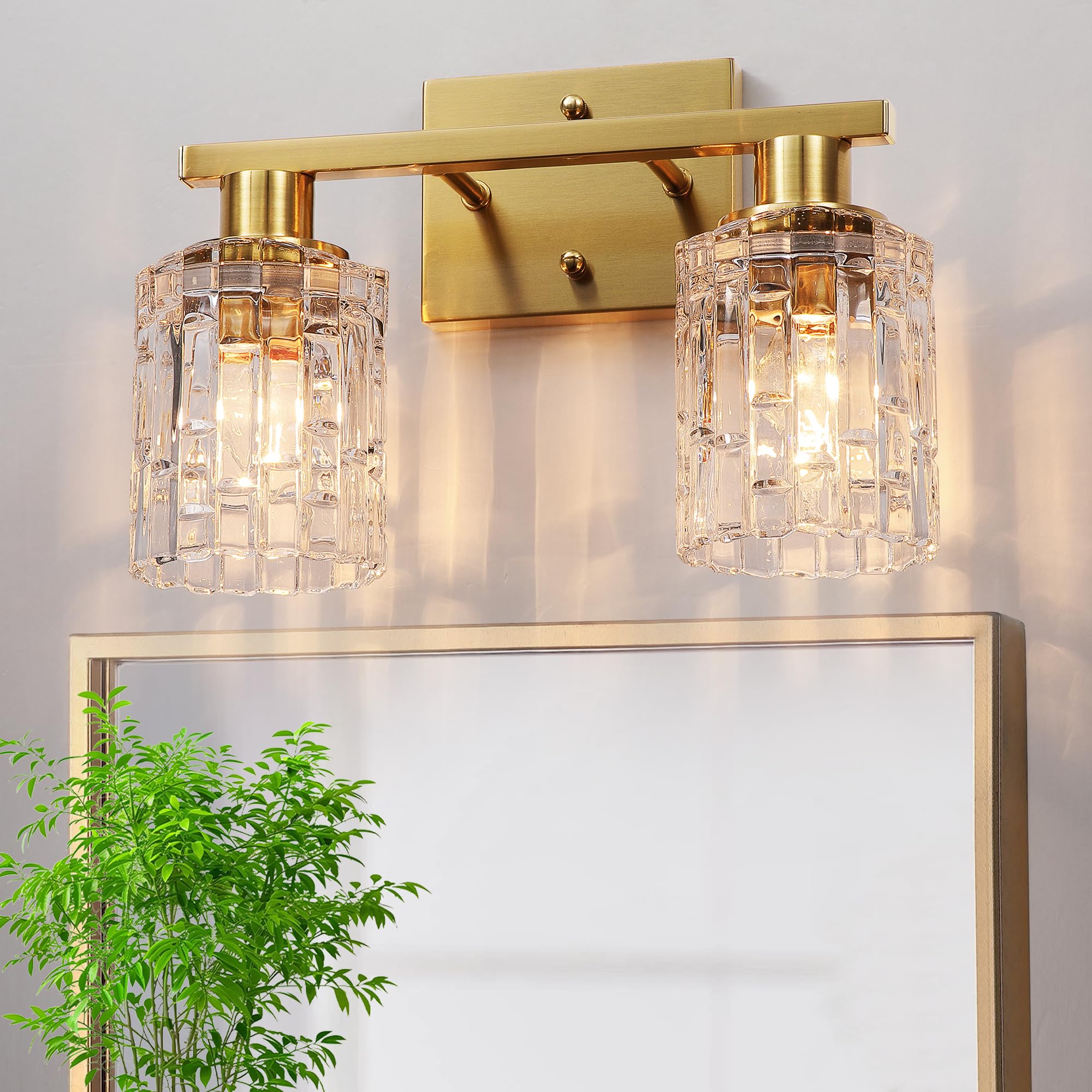 Photo 1 of huong son 2 Light Brushed Gold Bathroom Vanity Light Over Mirror, Modern Vanity Lighting with Crystal Glass Shade, Wall Mount Bathroom Light Fixtures, E26 Base