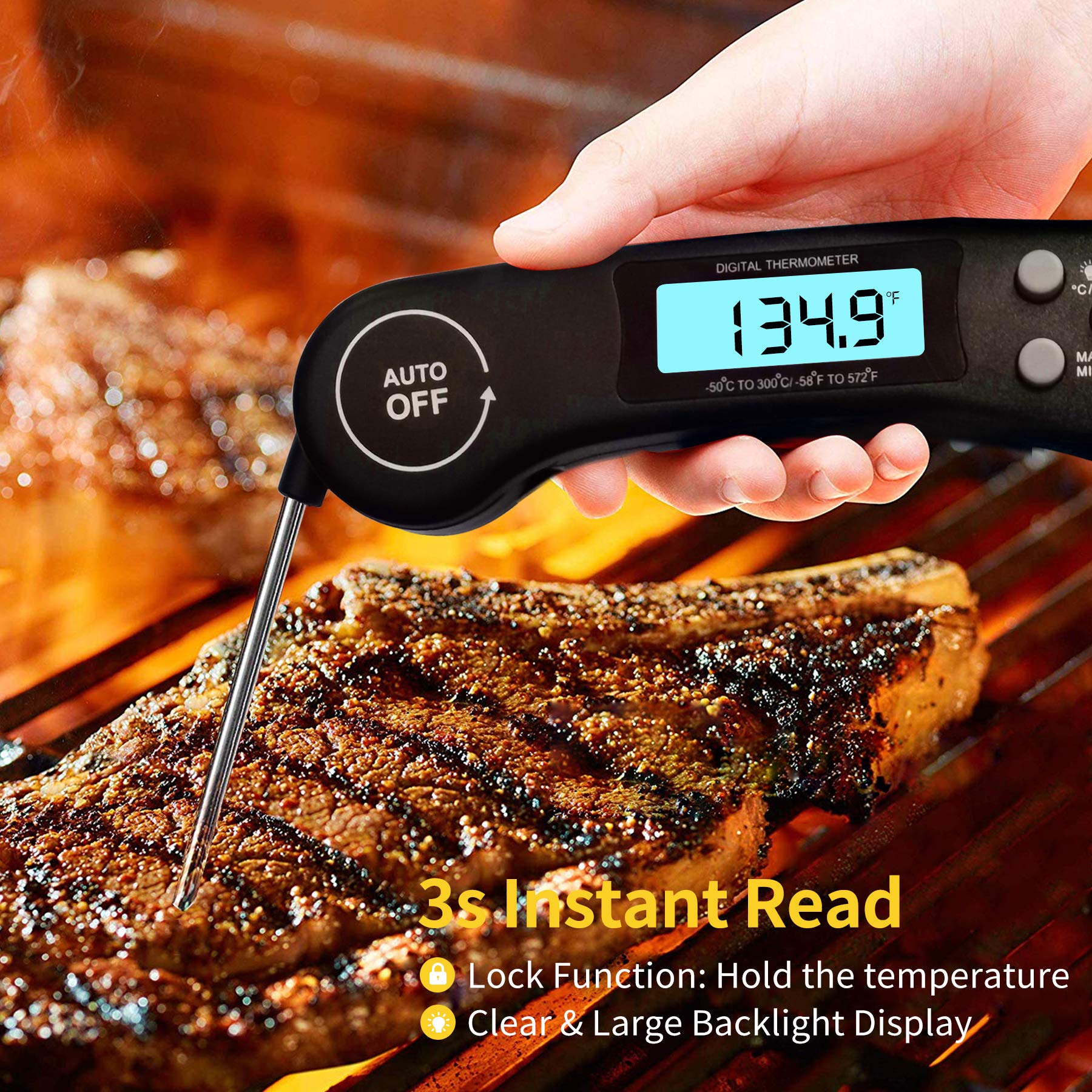 Meat Thermometer, DOQAUS Instant Read Thermometer Digital Ultra Fast Kitchen Cooking Food Candy Thermometer with Backlight, Magnet & Foldable Long Probe for Grilling BBQ Turkey Oil Smoker Thermometer