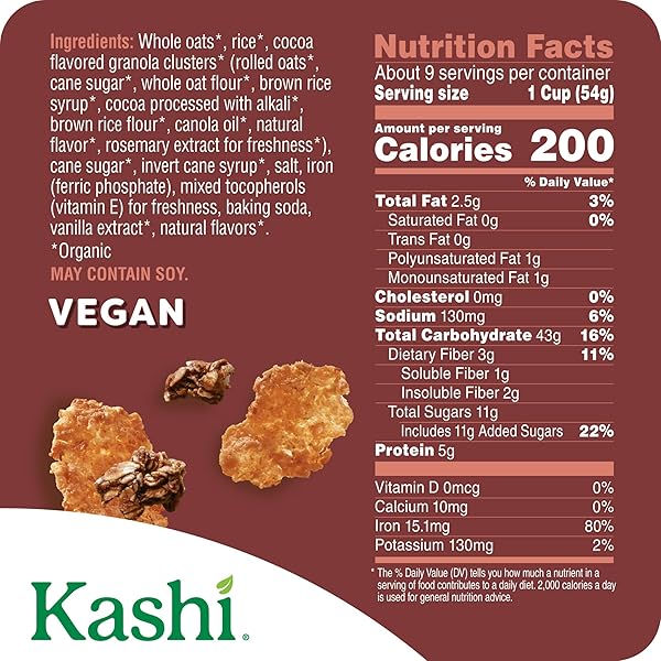 KASHI BREAKFAST CEREAL, ORGANIC, WHOLE GRAIN, COCOA CLUSTERS, 17.2OZ BOX (1 BOX)