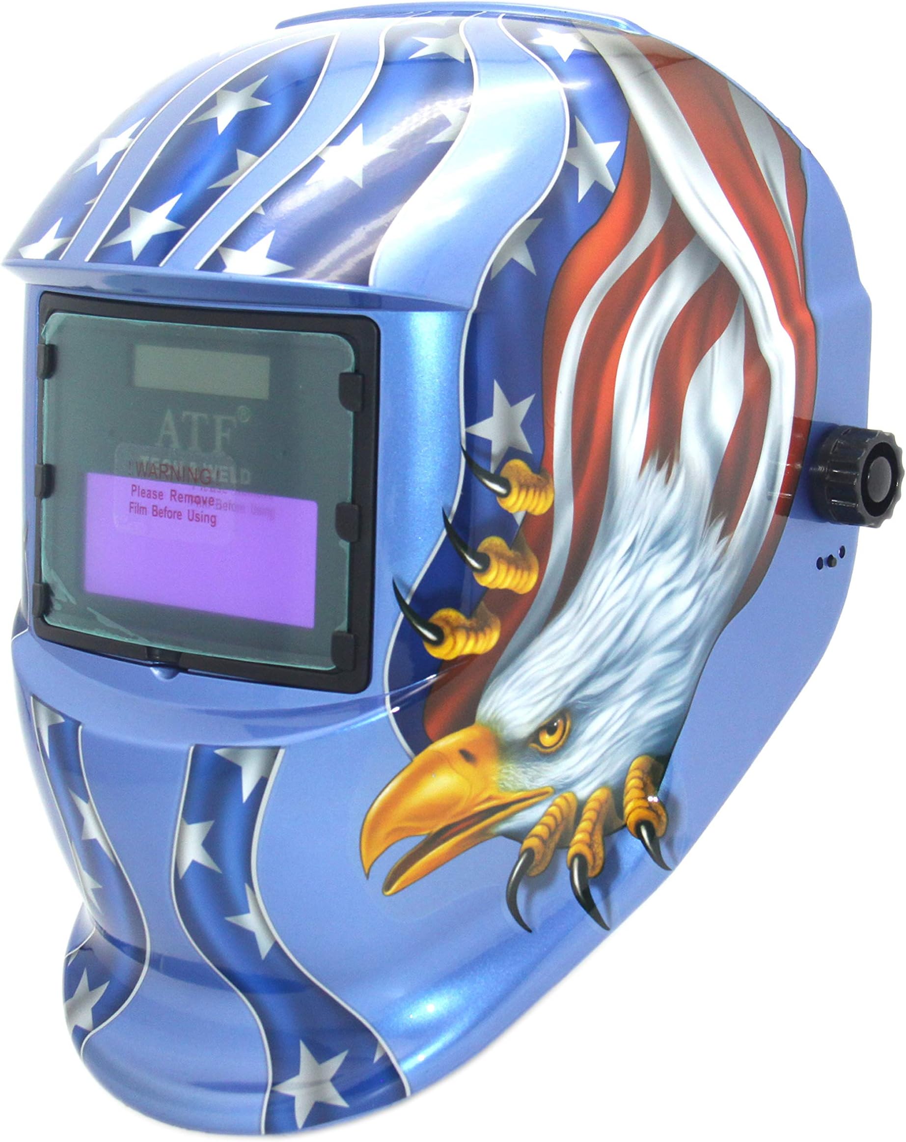 ATF Welding Helmet Auto Darkening Solar Powered Hood with The Fixed Shade 3/11 for Mig Tig Arc Welder Mask, Viewing Area 3.9’’x1.39’’, Optical Class 1/1/1/1 with Extra Safety Lens(Blue American Eagle)