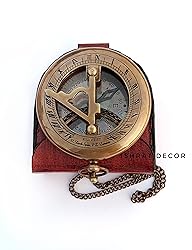 Brass Sundial Compass with Leather Case and Chain